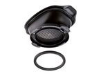 Black air fryer basket with a removable base and a separate ring.
