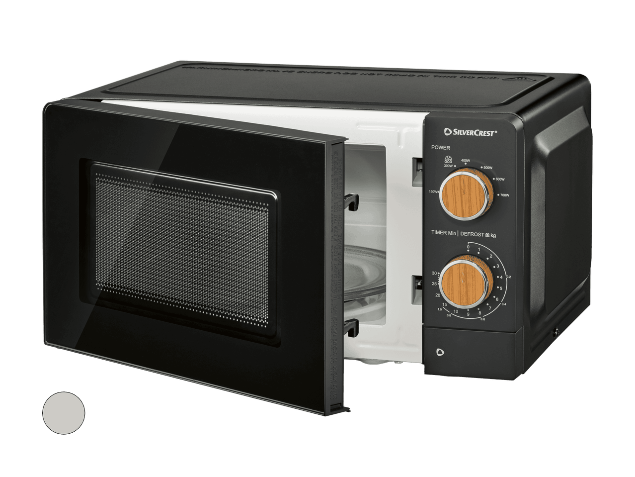 Un forno a microonde nero con la porta aperta, che mostra i quadranti di controllo per potenza e timer.