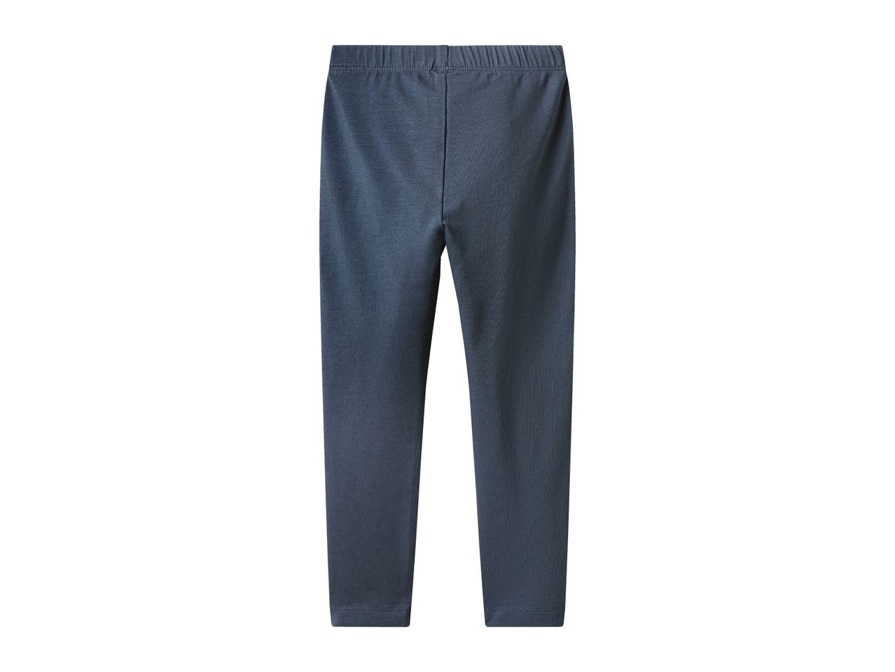 Dark blue leggings with an elastic waistband, viewed from the back.