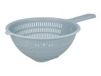 Light blue plastic colander with a handle
