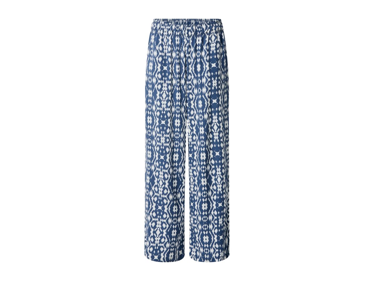Blue and white patterned wide-leg trousers with an elasticated waist