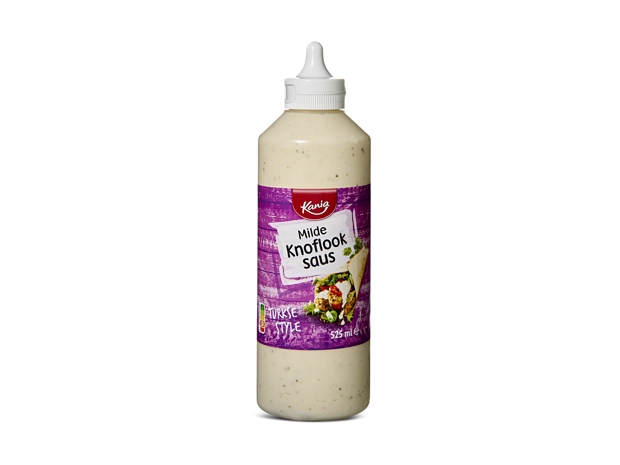 Fles milde knoflooksaus in Turkse stijl, met een afbeelding van een wrap.