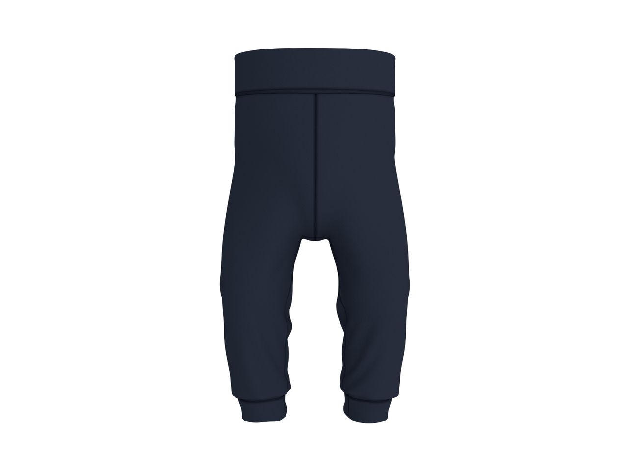 Dark blue baby trousers with a wide, elastic waistband and cuffed ankles.
