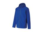 Blue hooded softshell jacket with a full zipper and side pockets