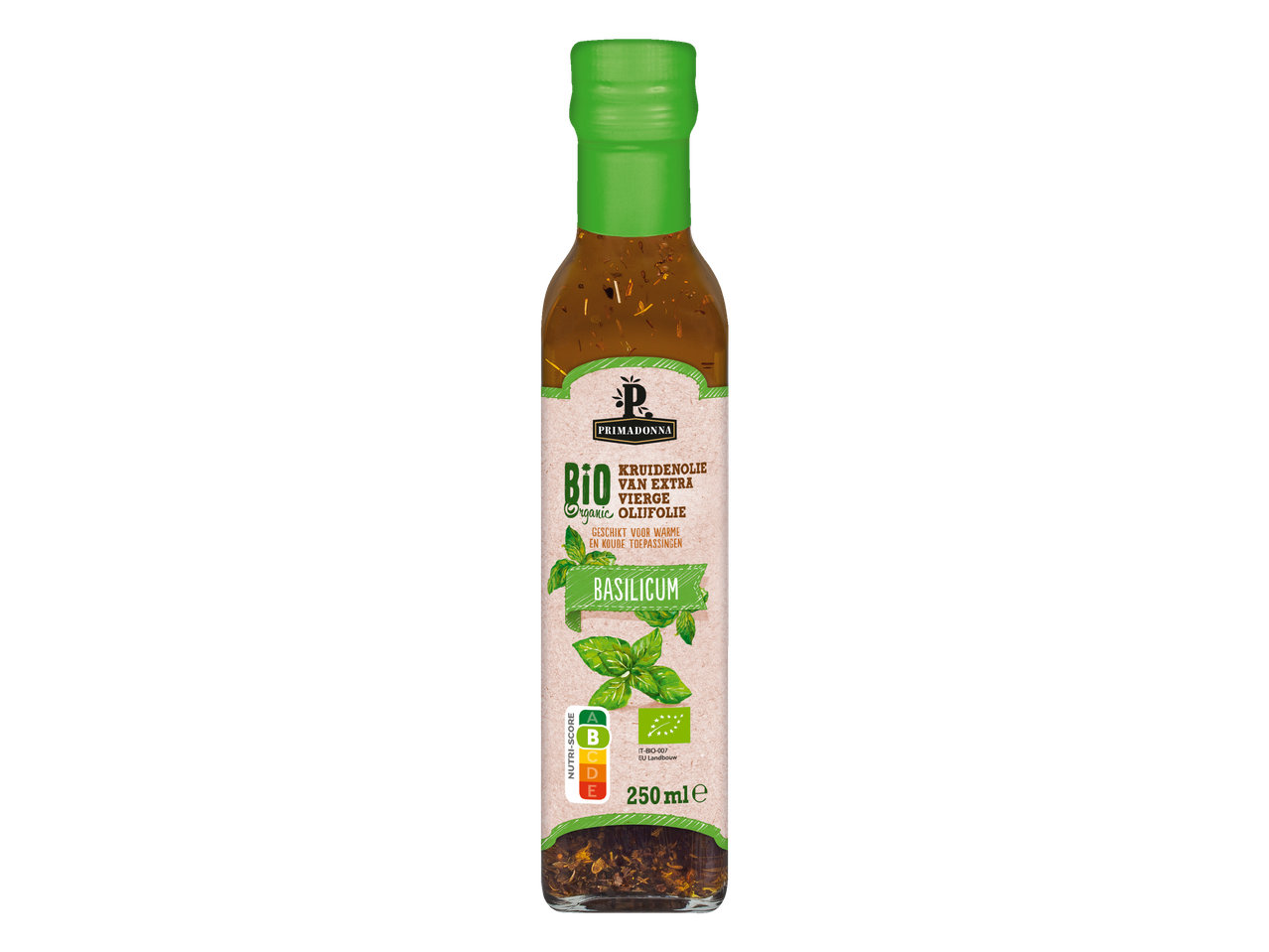 Primadonna biologische basilicum kruidenolie in een fles van 250 ml met Nutri-Score B.