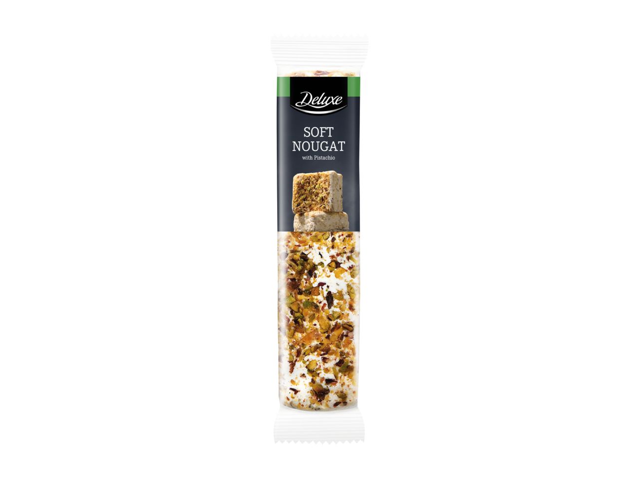 Soft nougat bar with pistachio in transparent packaging