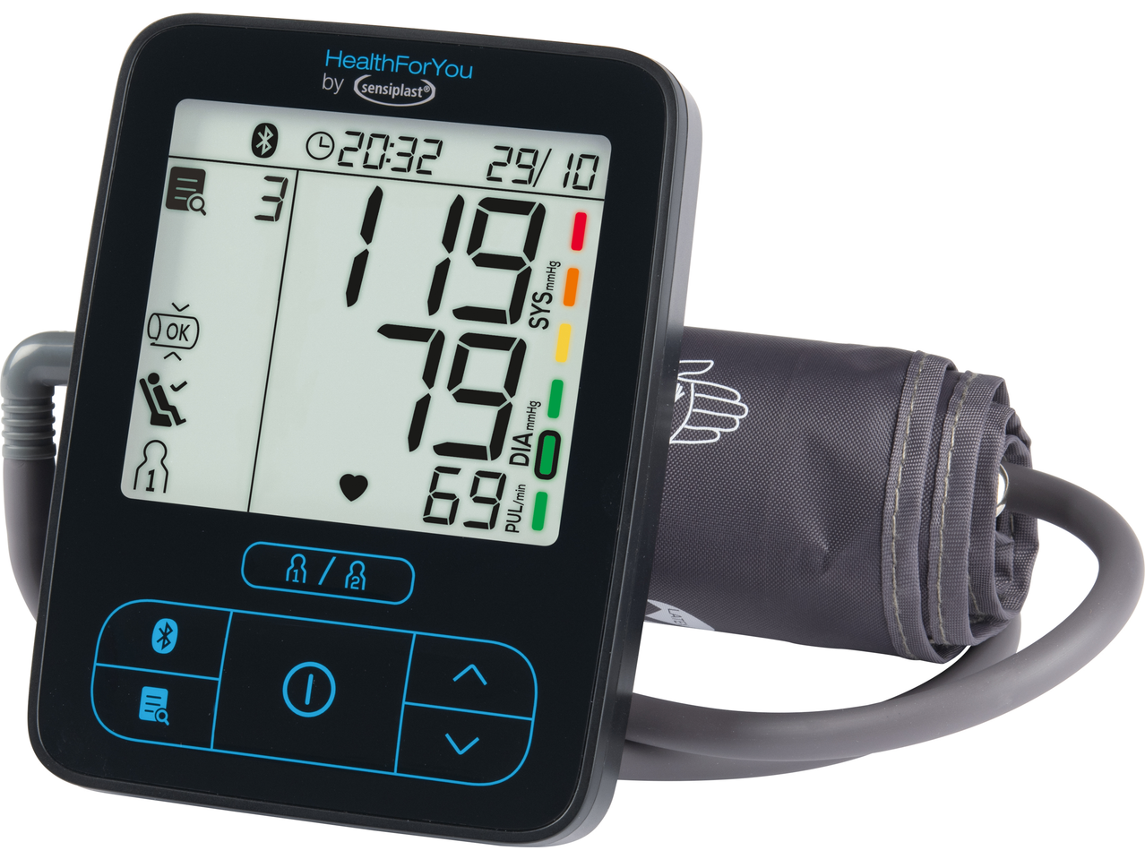 Sensiplast Upper Arm Blood Pressure Monitor displaying 119/79 mmHg and a pulse of 69 bpm.