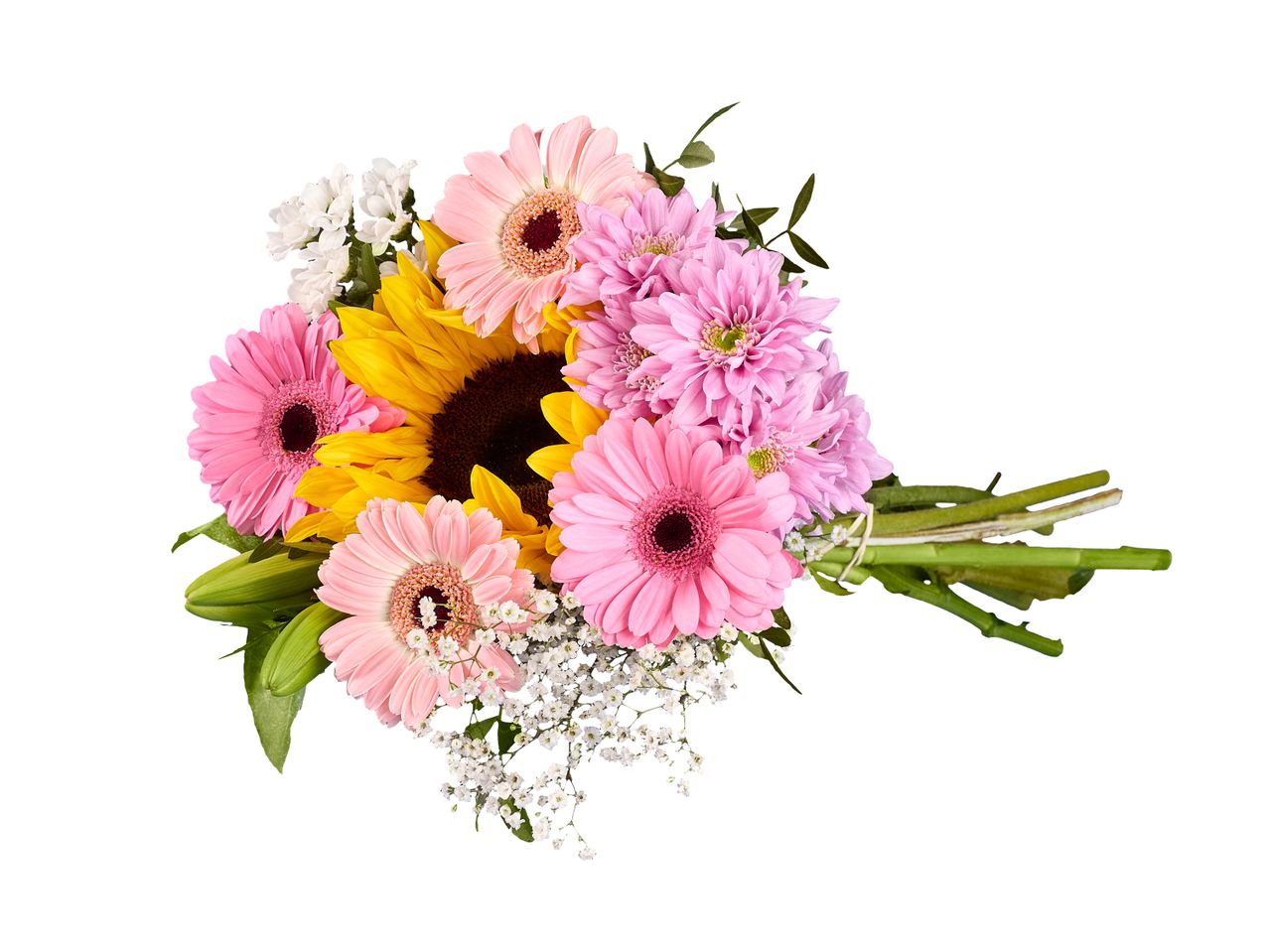 Ein bunter Blumenstrauß mit Gerbera, Sonnenblumen und Chrysanthemen.