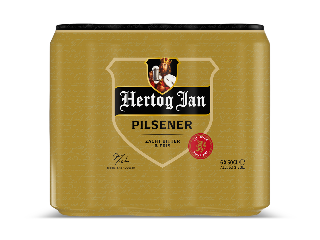 Gouden bierblik met een koning die een bierpul vasthoudt, met de tekst 'Pilsener' en 'Zacht Bitter & Fris'.
