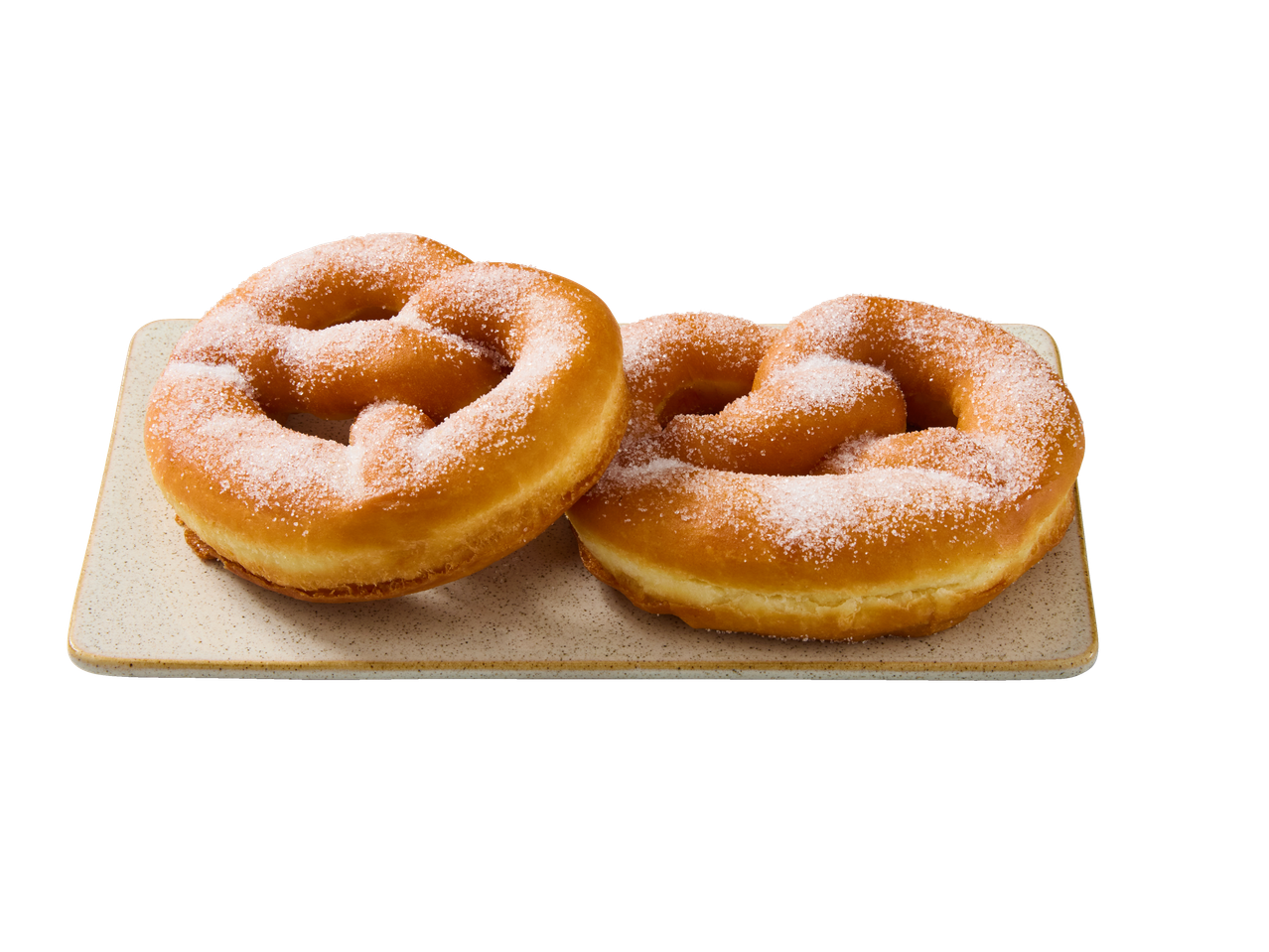 Twee met suiker bestrooide krakelingvormige gebakjes op een rechthoekig bord.