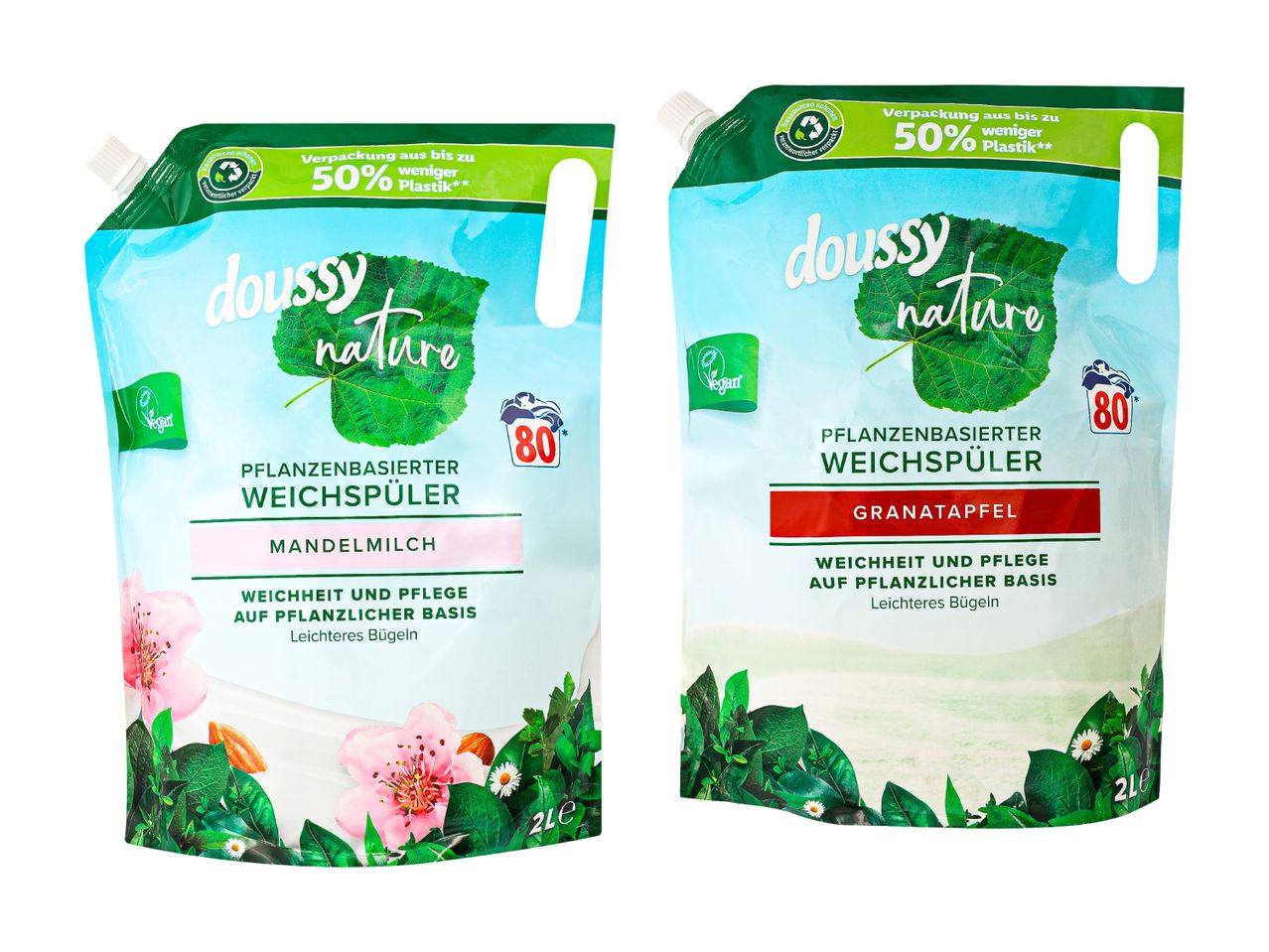Zwei Packungen Doussy Nature Weichspüler, Mandelmilch und Granatapfel.