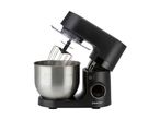 Black stand mixer with a stainless steel bowl and whisk attachment, tilted open.