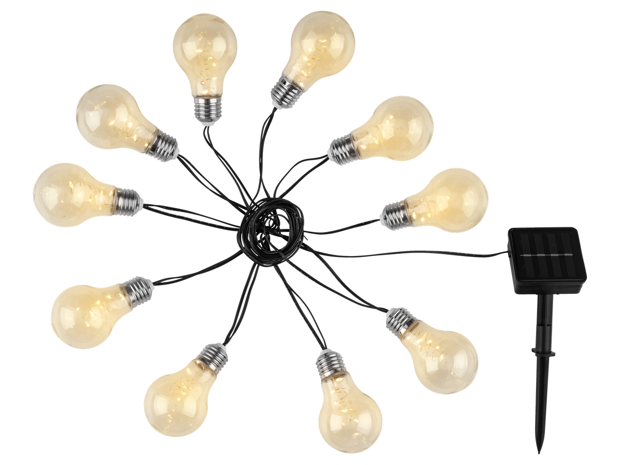 Livarno Solar Bulb String Lights with 10 warm white LED bulbs and a solar panel.