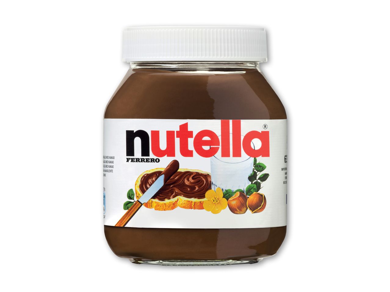 En glas Nutella-krukke med en skefuld Nutella på en skive brød.