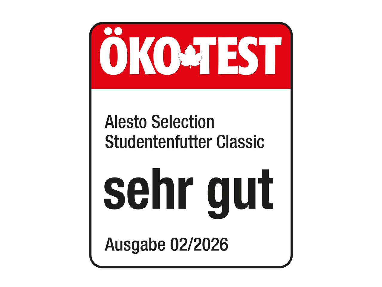 ÖKO-TEST Siegel für Studentenfutter Classic, bewertet mit 'sehr gut'.