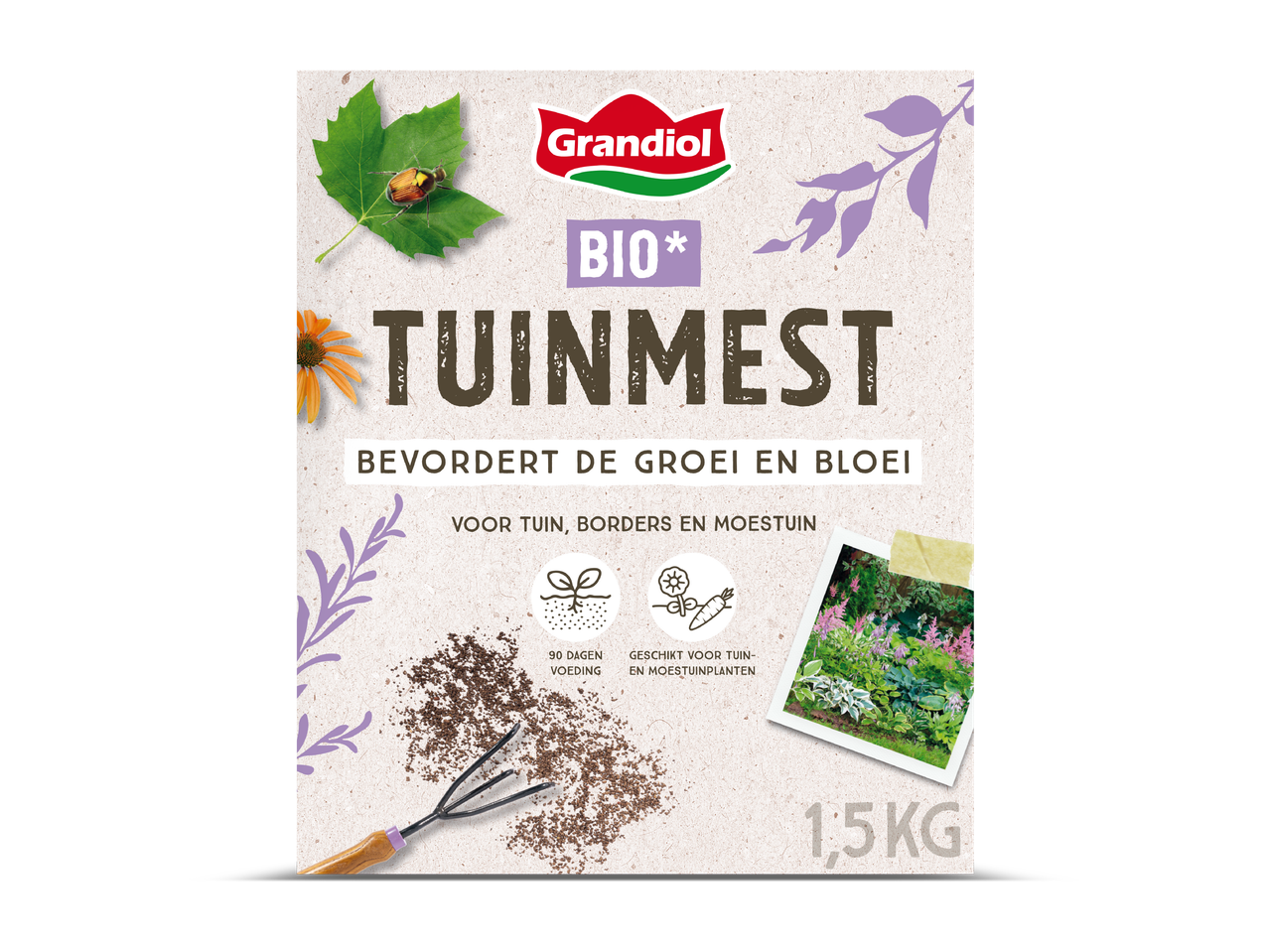 Verpakking van biologische tuinmest, 1,5 kg, voor groei en bloei van tuin- en moestuinplanten.