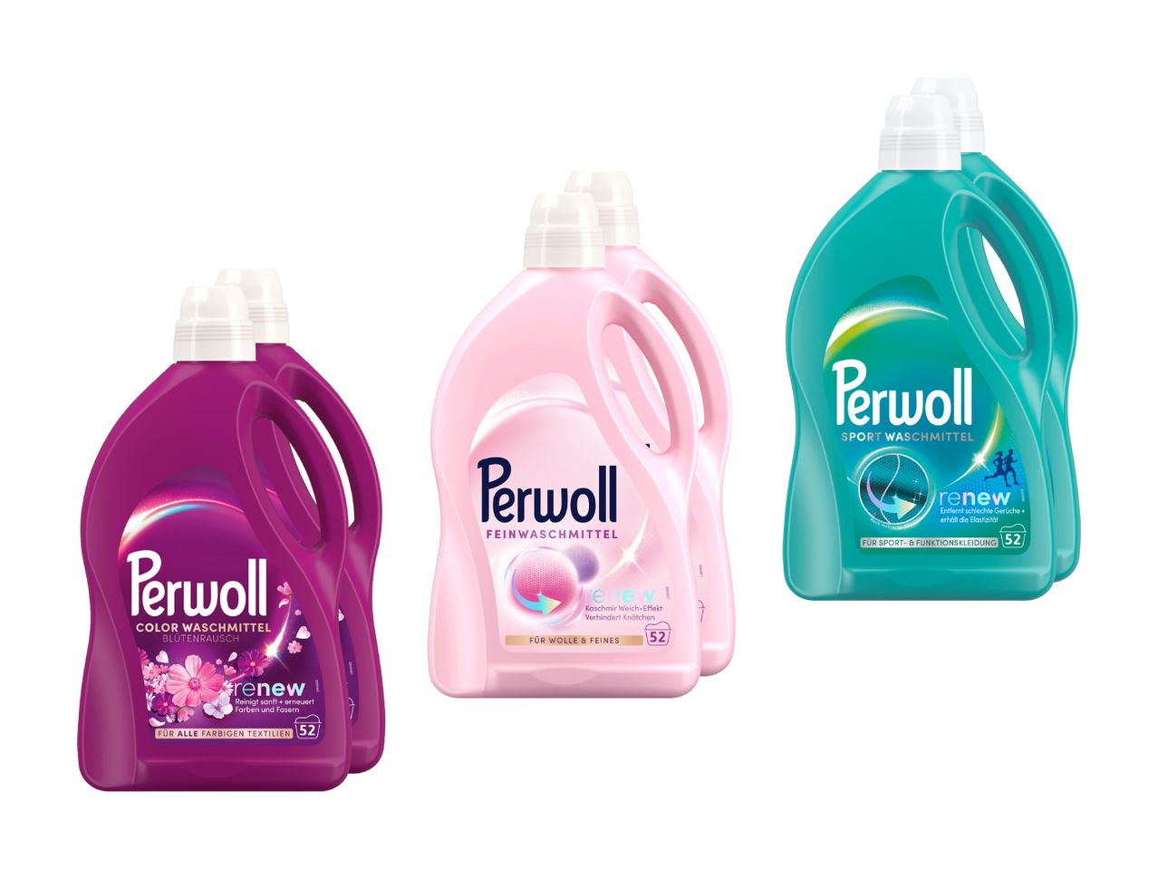 Tre detersivi Perwoll: colorati, delicati e sportivi.