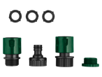 Parkside® 15m Flexible Garden Hose Set: various green and black hose connectors and three black rubber washers.