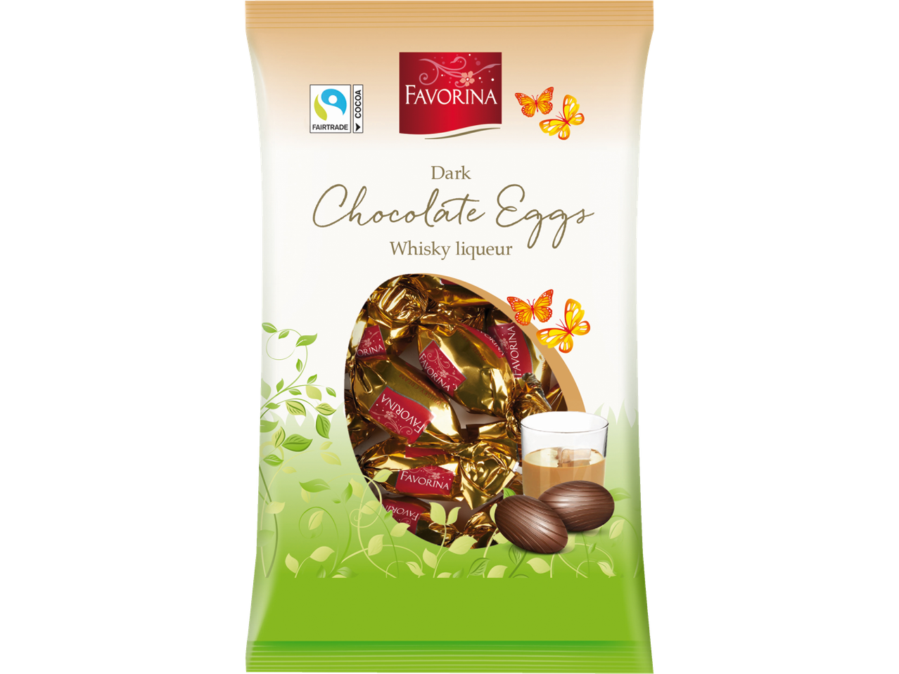 Favorina donkere chocolade-eieren met whiskylikeur, Fairtrade cacao.