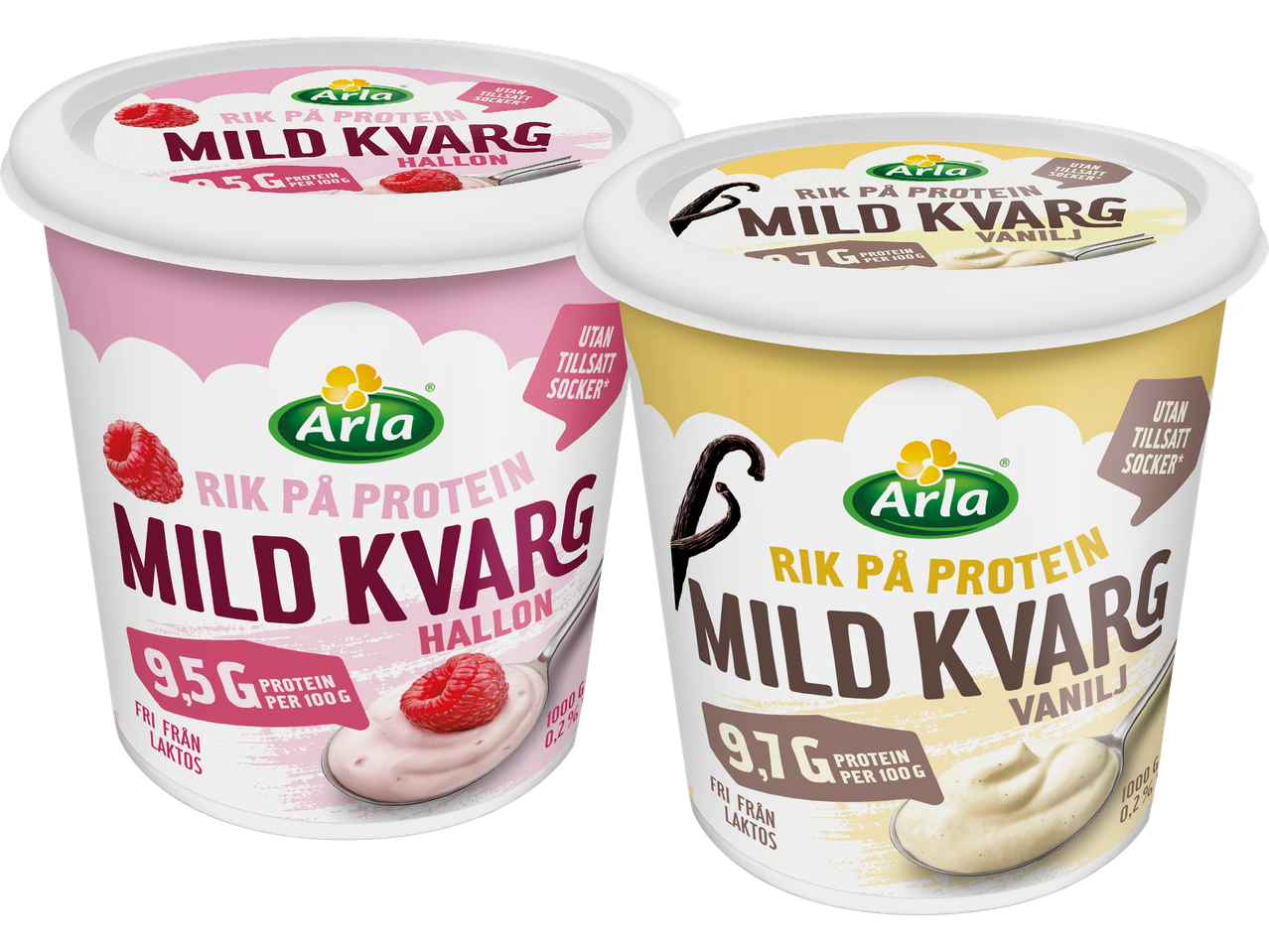 Två Arla Mild Kvarg-förpackningar, en hallon och en vanilj.