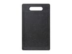 Black rectangular plastic cutting board with a handle cutout and textured surface