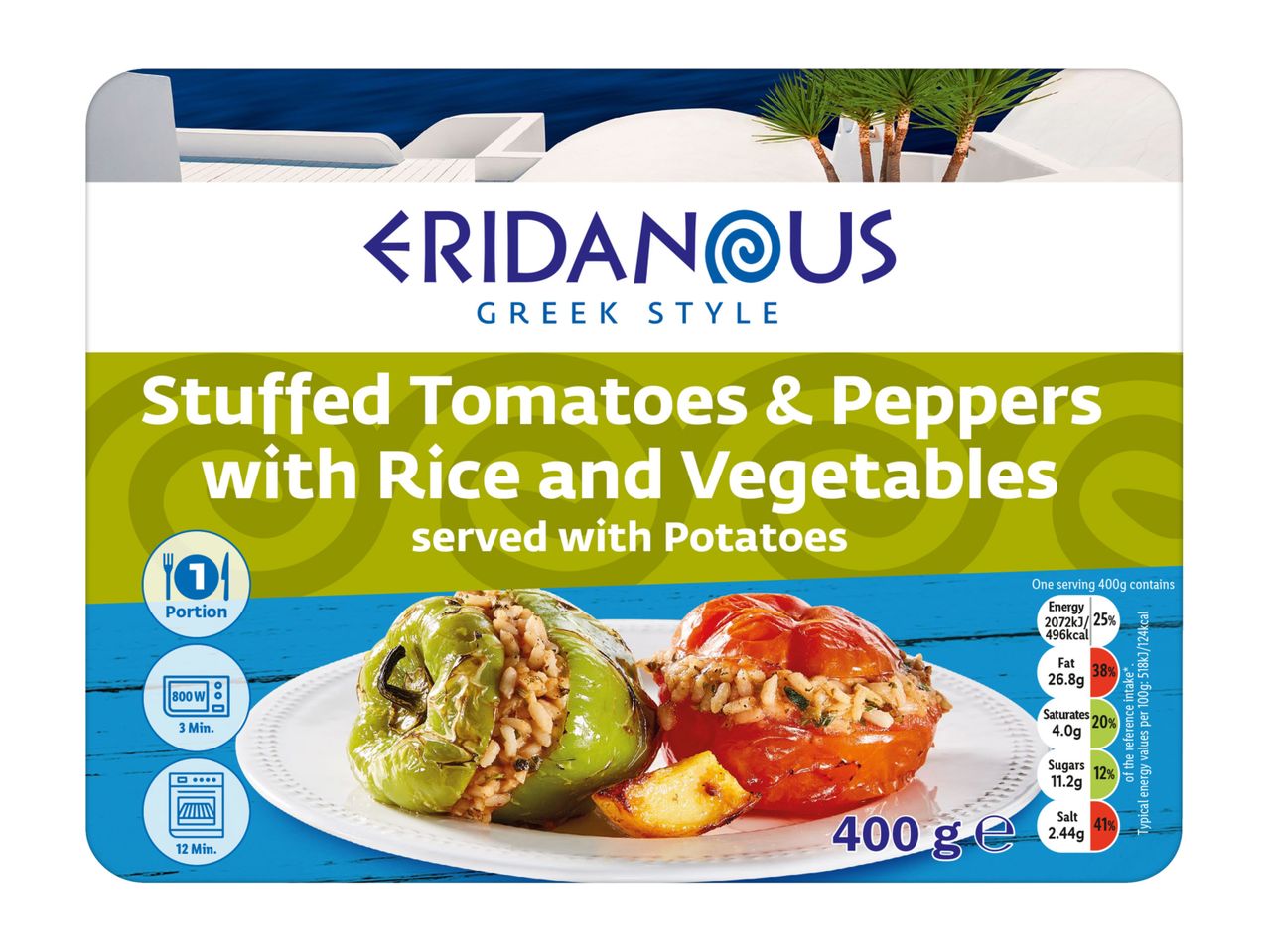 Greek-style stuffed tomatoes and peppers with rice, vegetables, and potatoes.