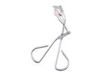 Silver metal eyelash curler with a light pink silicone pad.