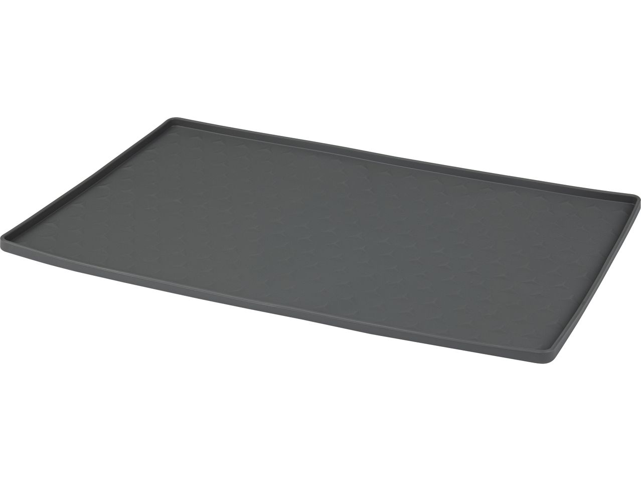 A dark gray rectangular silicone pet feeding mat with a textured surface.