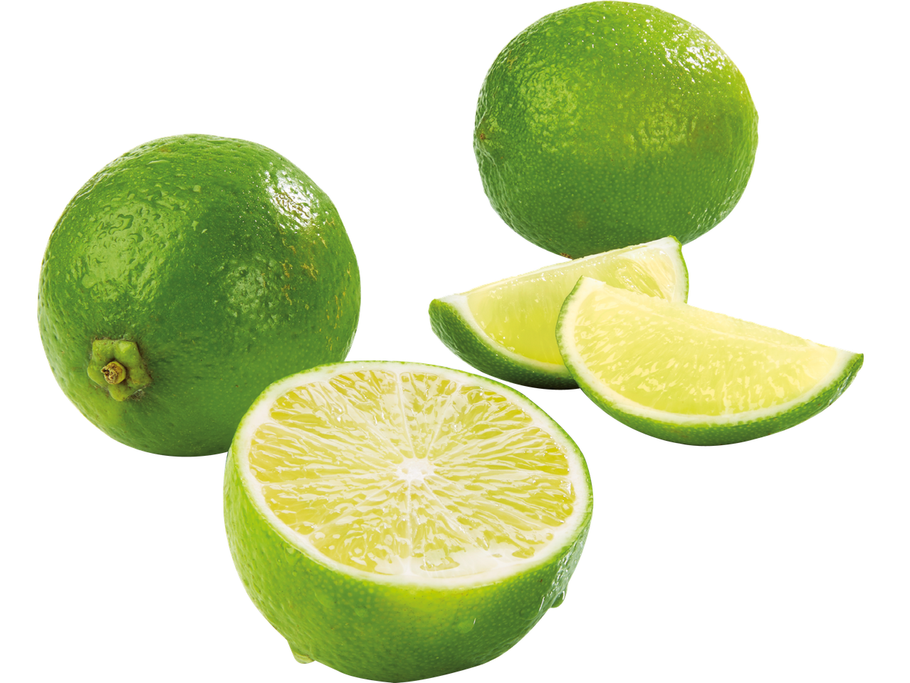 Tre limefrukter, varav en är skivad.