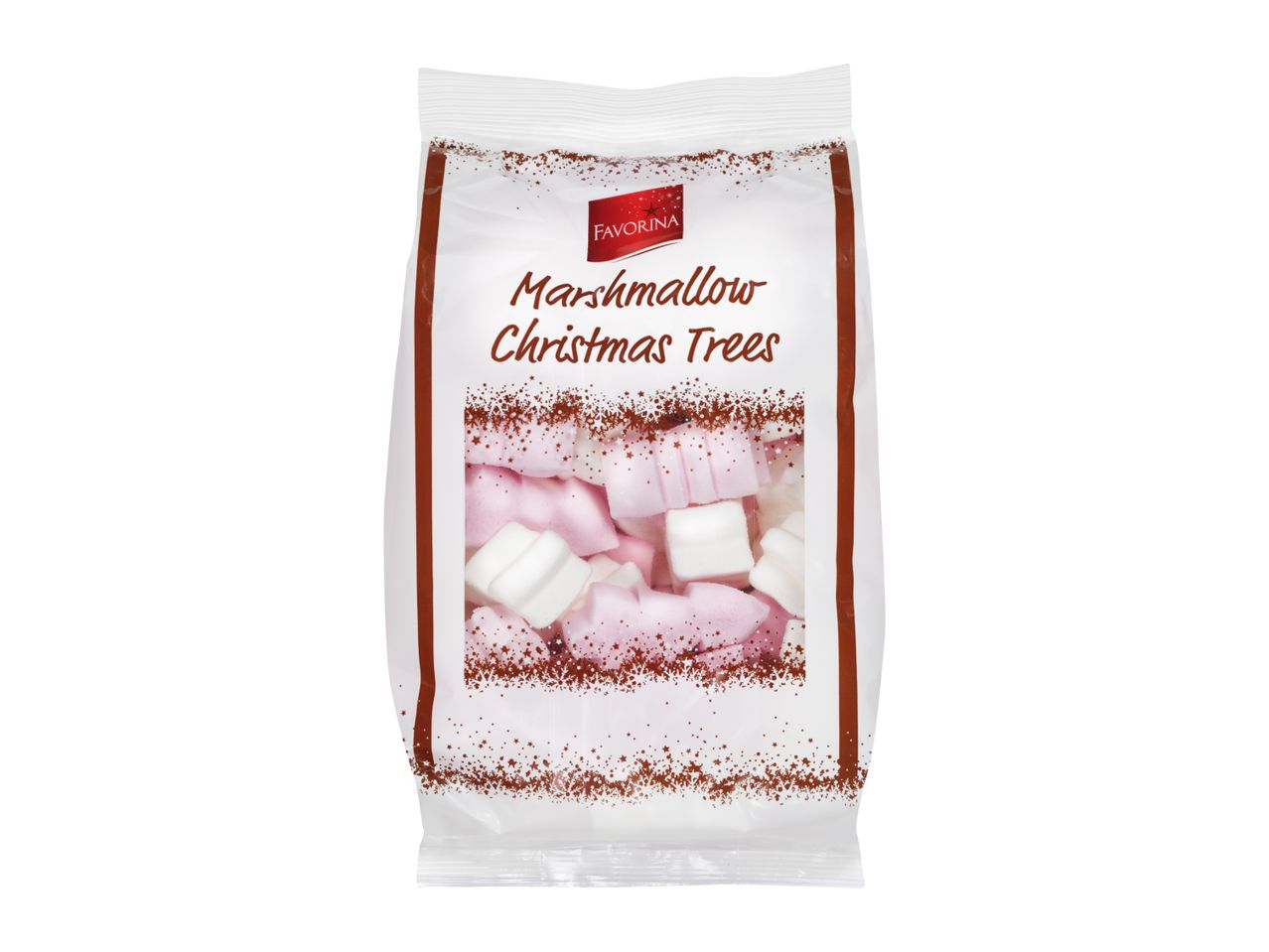 Favorina Marshmallow Christmas Trees in a clear bag with brown festive accents.