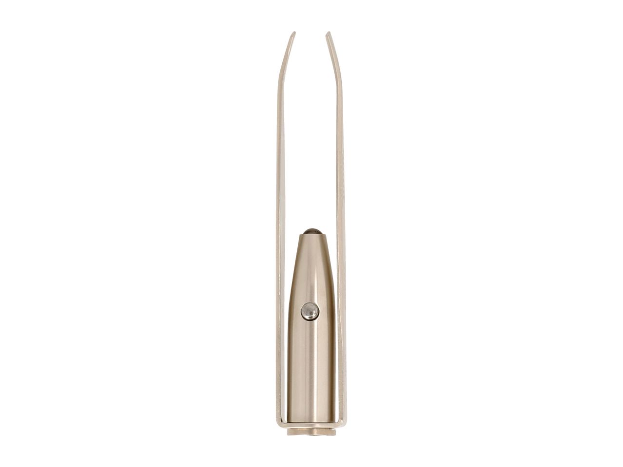 Silver-colored tweezers with a built-in light, standing upright on a white background.