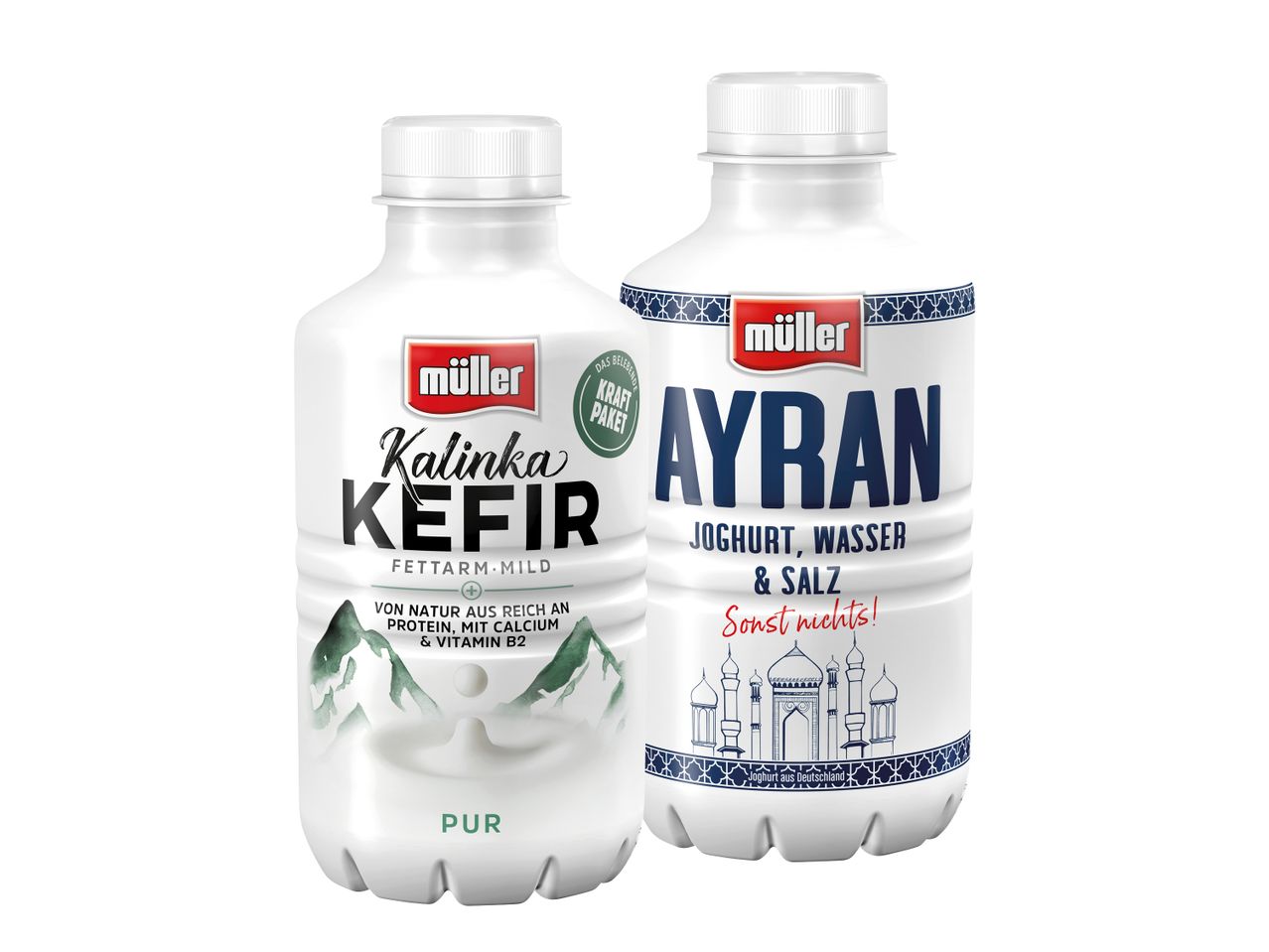 Müller Kalinka Kefir und Ayran Getränke in Plastikflaschen.