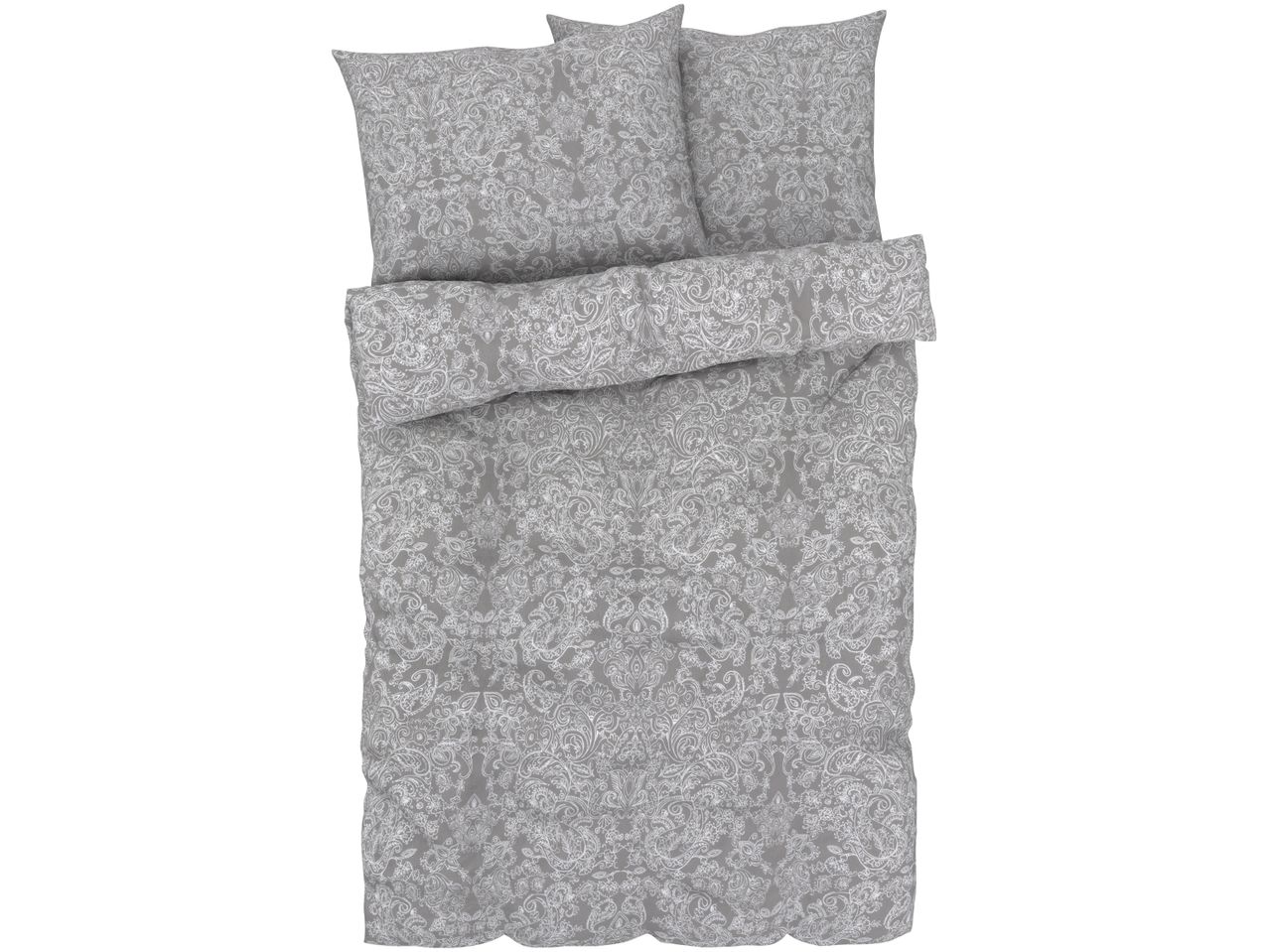 Gray duvet cover set with a white paisley pattern, including two pillows and a folded duvet.