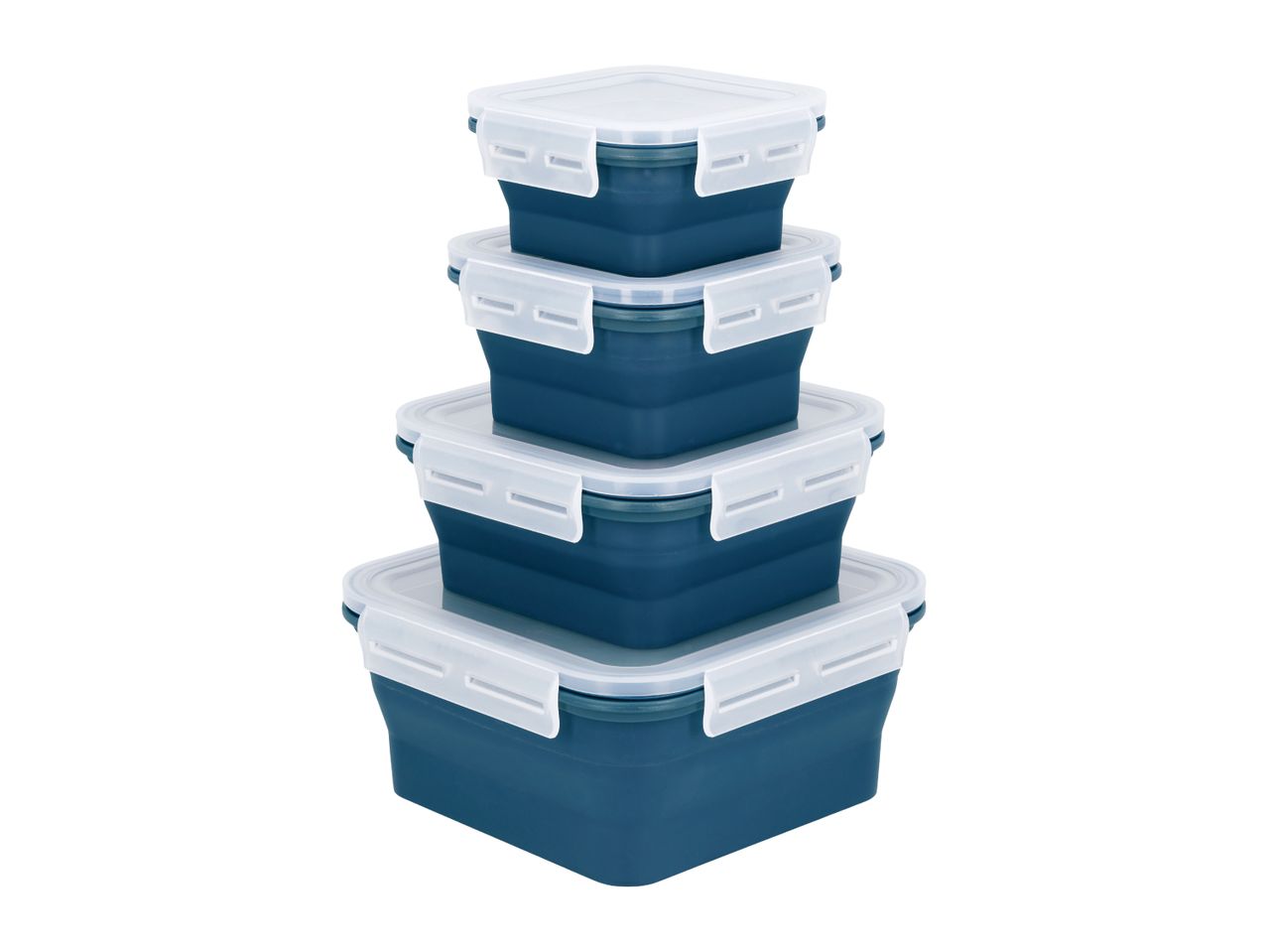 Stack of four collapsible food storage containers with clear lids and blue bases.