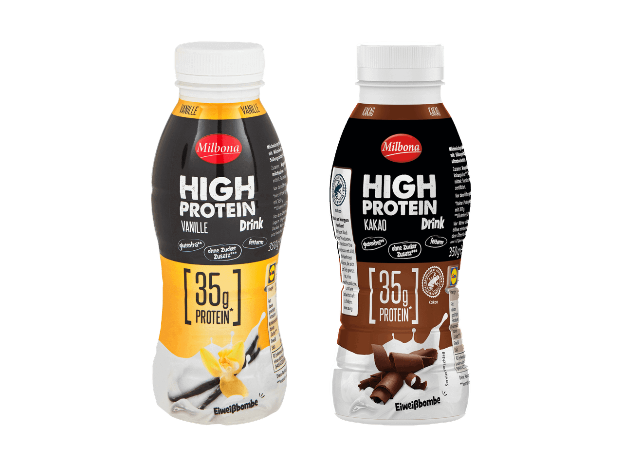 Zwei Flaschen Milbona High Protein Drink, eine mit Vanille- und eine mit Kakaogeschmack.