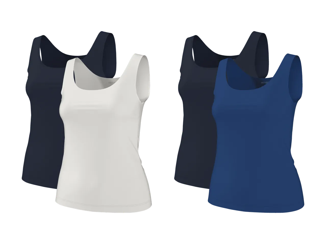 Vier Damen-Tanktops in Weiß, Dunkelblau und Blau, auf schwarzem Hintergrund.