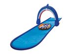 Inflatable shark water slide with a blue and orange float