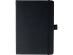 A black notebook A5 with an elastic closure.