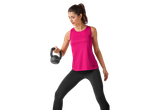 Woman exercising with a kettlebell, wearing black leggings and a pink tank top.