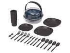A portable Camping Tableware Set with plates, cutlery, and a food container.