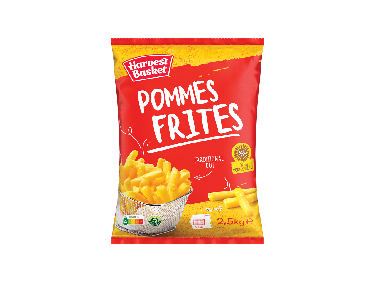 Pakiranje smrznutih pomfrita s natpisom 'Traditional Cut' i oznakom Nutri-Score.