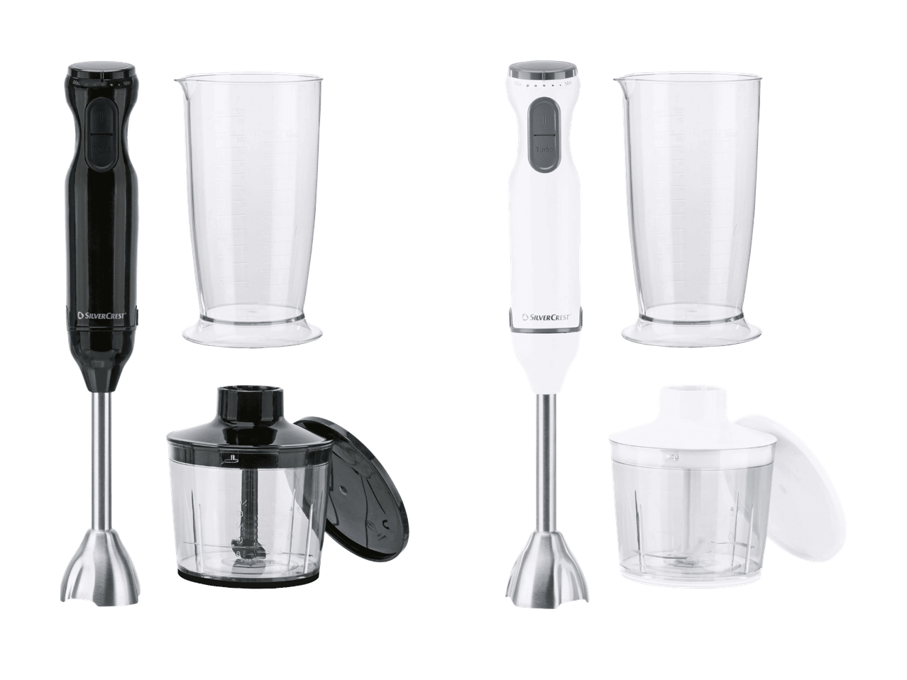 Zwei Stabmixer-Sets, eines in Schwarz und eines in Weiß, mit Messbechern und Zerkleinerern.