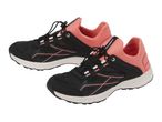 Pair of black and coral athletic shoes with bungee laces.