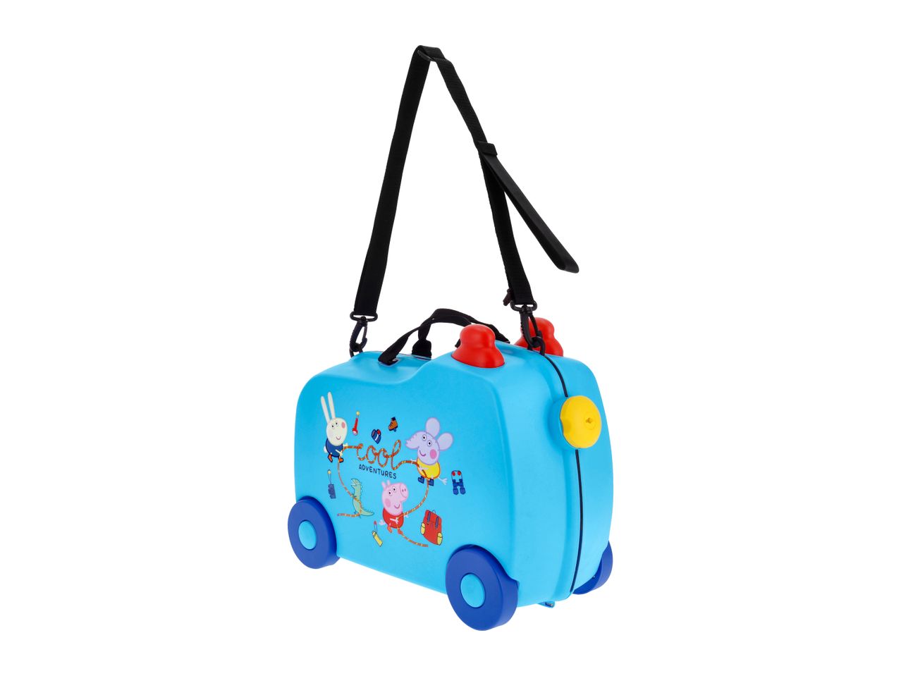 Blue children's ride-on suitcase with cartoon characters and 'Cool Adventures' text