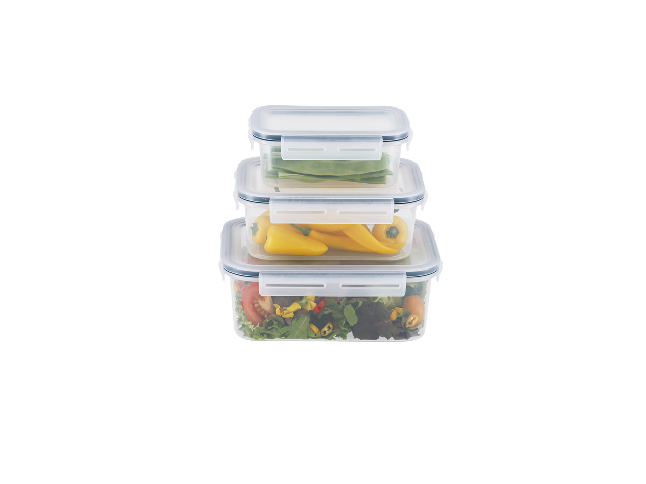 Silvercrest® uzglabāšanas trauki, salikti viens uz otra, pildīti ar dārzeņiem