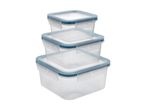 Stack of three clear square food storage containers with blue lids and clasps.