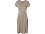 A taupe midi dress with short sleeves and a V-neckline.