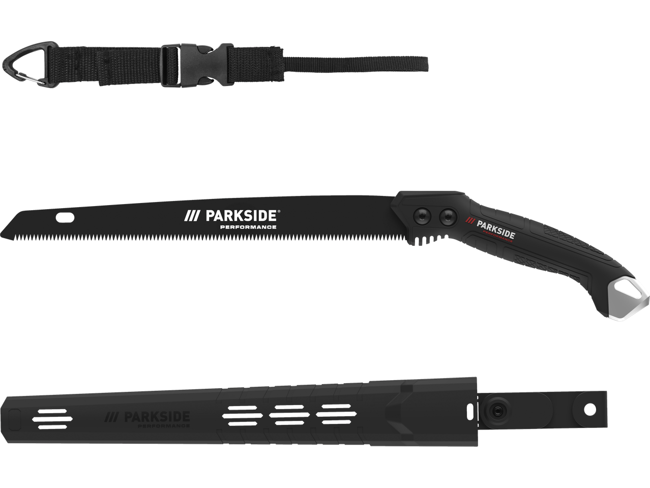 Parkside Performance® saliekamais zaru zāģis ar maksti un siksnu.