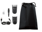 Beard trimmer kit with two comb attachments, charging cable, cleaning brush, oil, and storage bag.