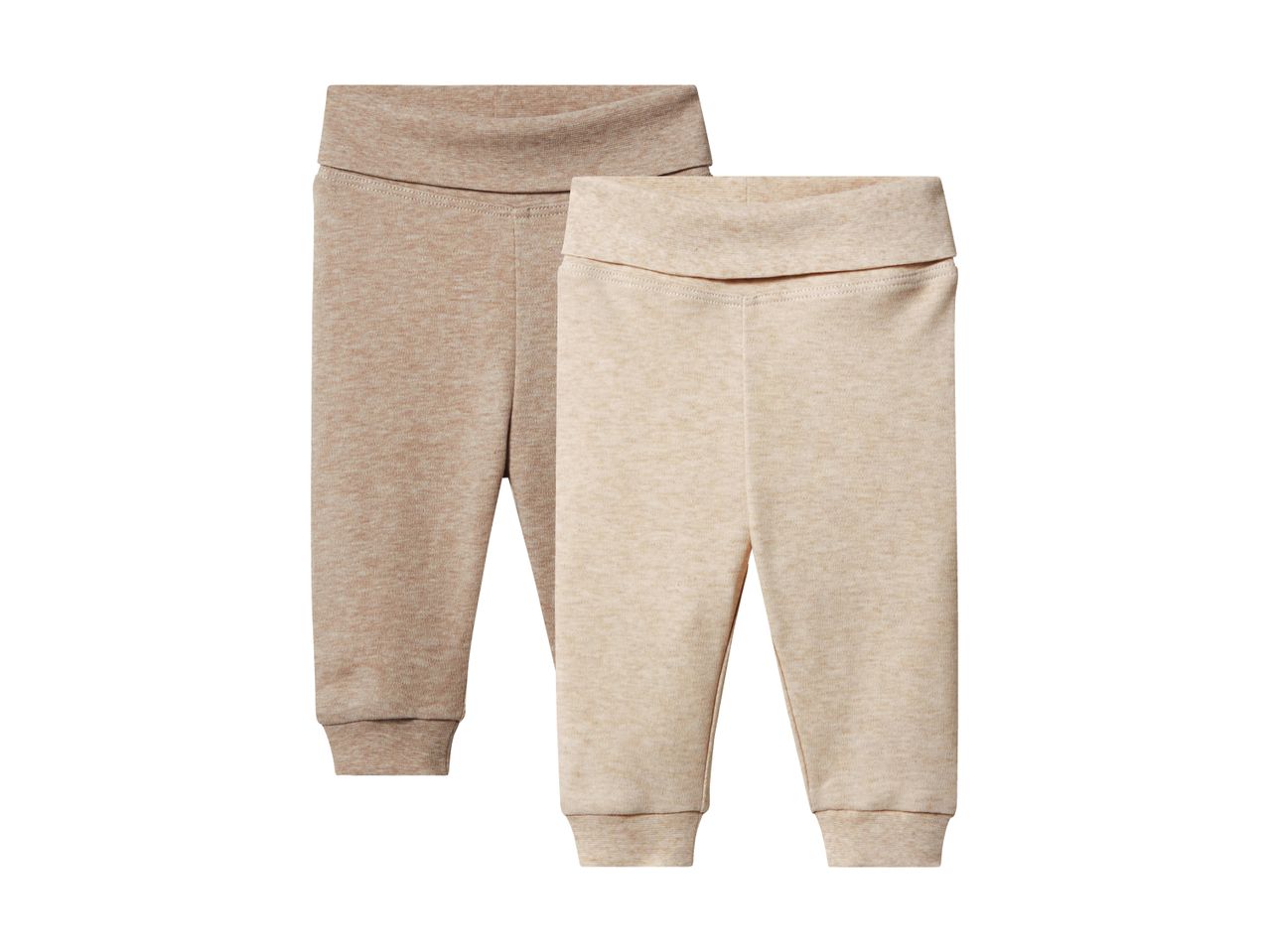 Two pairs of baby leggings in light brown and beige, with elasticated waistbands and cuffs.